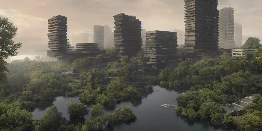 Image similar to an extremely detailed building, brutalist architecture, gargantuan in size, surrounded by lush green forest and murky ponds of water, stunning volumetric lighting, sunset, rusted steel, smooth concrete, stunning skies, trending on Artstation, 8k, photorealistic, hyper detailed, unreal engine 5, IMAX quality, cinematic, epic lighting, in the style of the game DOOM, by Greg Rutkowski