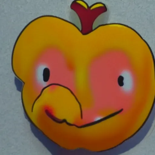 Prompt: a peach fruit that has princess peach's face on its surface.