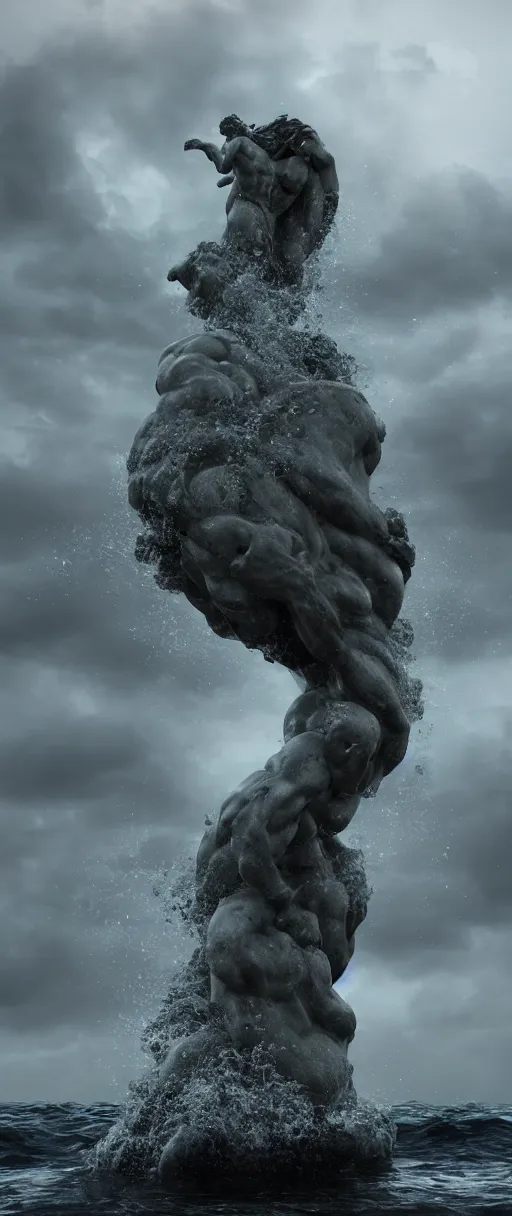 Image similar to stone sculpture of poseidon in the ocean, heavy waves, dark clouds, vivid, atmospheric, rainy, realistic, ultra detail, somber, hd, octane render, featured on artstation