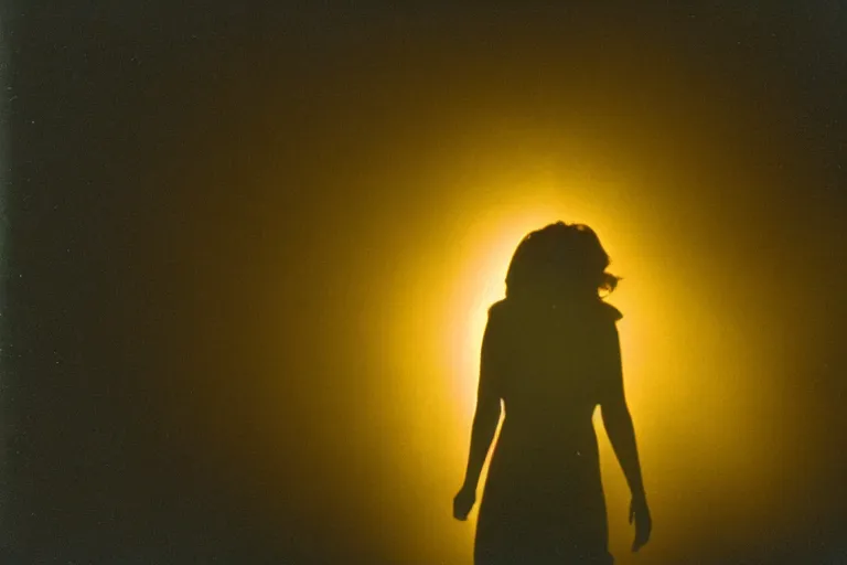 Image similar to backlit photograph of black box pouring energy into suburban room, silhouetted figure, crisp focus, 3 5 mm ektachrome