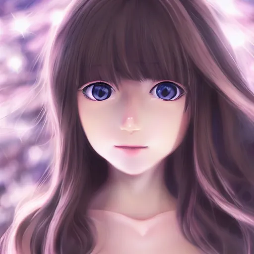 Prompt: 3d portrait of an adorable anime girl with long brown hair, looking partly to the left, blue shining eyes, light makeup, light pink lipstick, bokeh forest background, 4k, highly detailed, anime art style