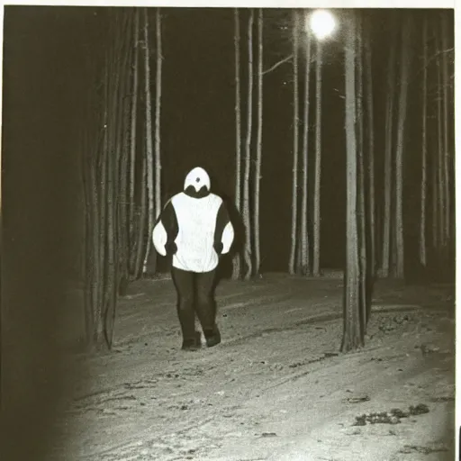 Image similar to a picture of bigfoot wearing a black and white striped ski mask and walking towards a store, taken on a WW2 camera.