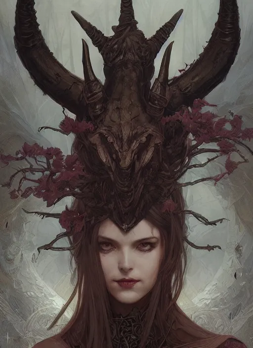 Image similar to a beautiful illustration of a satanic witch with horns in head, intricate, sharp focus, illustration, highly detailed, digital painting, concept art, matte, art by wlop and artgerm and greg rutkowski and alphonse mucha, masterpiece