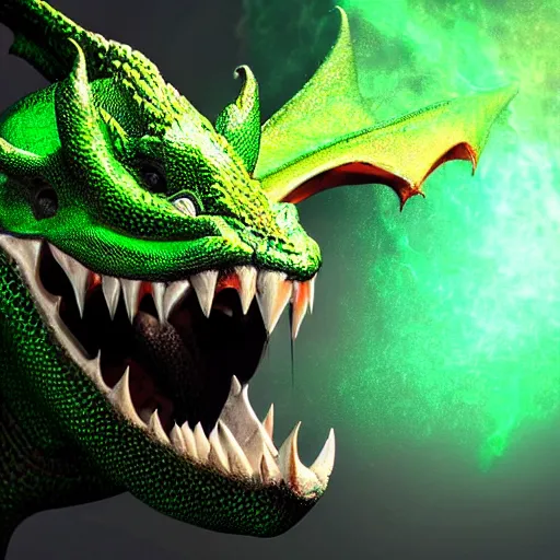 Image similar to green dragon, smiling, studio shot, volumetric lighting, 8 k, real life picture, realistic, hyperdetailed, no blur, shadows