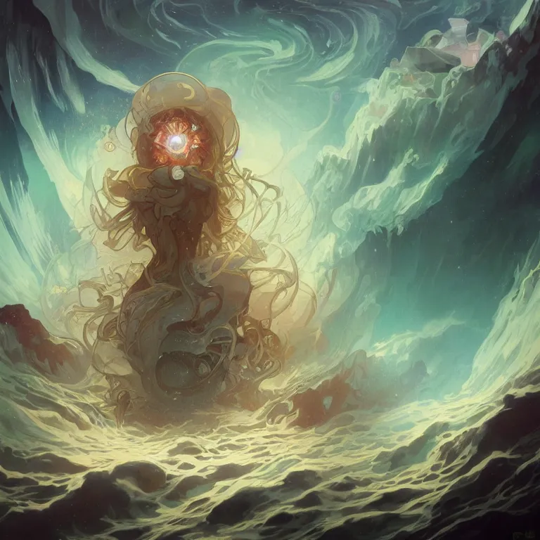 Image similar to bright eyes full of cosmic nebulae drowning in a boiling ocean, concept art, nostalgic melancholic artwork, by Peter Mohrbacher and Alphonse Mucha, detailed, style, 8k, trending on artstation, unreal engine 4k, detailed, clean background trending, full shot, symmetrical portrait, sophisticated, Unreal engine, dystopia, anti-utopia, post processing, psychadelic