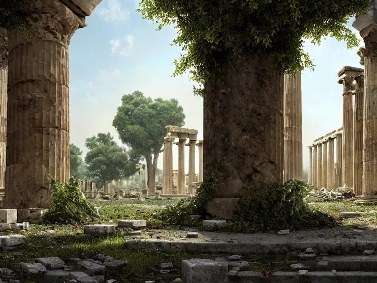 Image similar to a tree growing in ancient greek ruins, gray wasteland, many scrap cars, trash, rubble, overgrown, pillars and arches, flowers, vines, hyperrealistic, highly detailed, cinematic, ray of golden sunlight shining on the tree, beautiful, cgssociety, artstation, 8 k, oil painting by greg rutkowski, by artgerm, by wlop