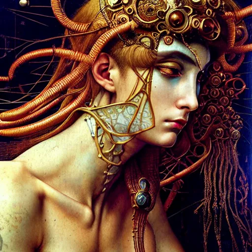 Prompt: intricate detail, exquisite detail, cyberpunk neuromancer hacker with intricate ornate vr headset, detailed, sandro botticelli, gaston bussiere, h. r. giger, richard hescox, gilbert williams, masterpiece, sharp focus,