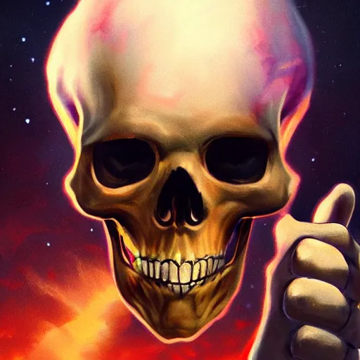 Image similar to beautiful portrait of skeleton with thumbs up, nuclear explosion in the background, trending on Artstation