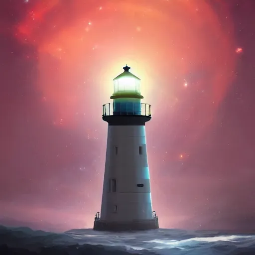 Image similar to lighthouse in space, digital art, artstation, devinart, light colors,