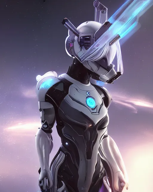 Image similar to perfect android girl on a mothership, warframe armor, beautiful face, scifi, futuristic, galaxy, nebula, raytracing, dreamy, long white hair, blue cyborg eyes, sharp focus, cinematic lighting, highly detailed, artstation, divine, by gauthier leblanc, kazuya takahashi, huifeng huang