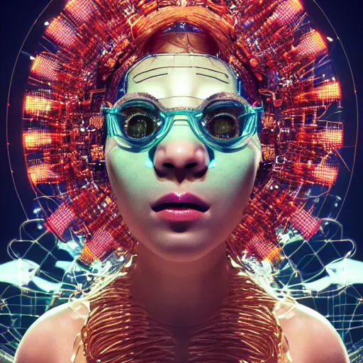 Prompt: deeper into the metaverse we go, piles of modular synth cables mixed with roots, kawaii puerto rican goddess swimming up wearing a headpiece made of circuit boards, by cameron gray, wlop, stanley kubrick, masamune, hideki anno, jamie hewlett, unique perspective, trending on artstation, 3 d render, vivid