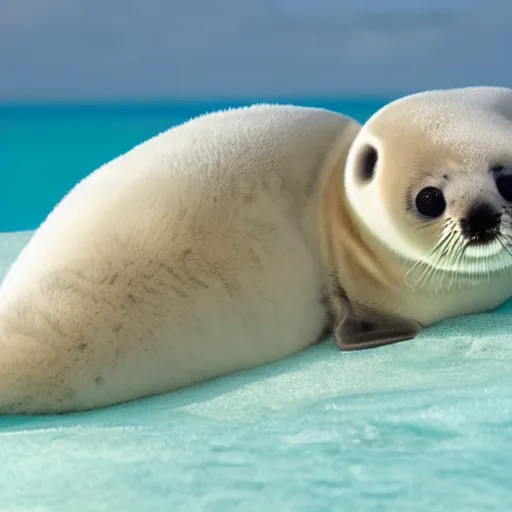 Image similar to a baby harp seal relaxing at a 5 star resort in the Bahamas, magazine photography