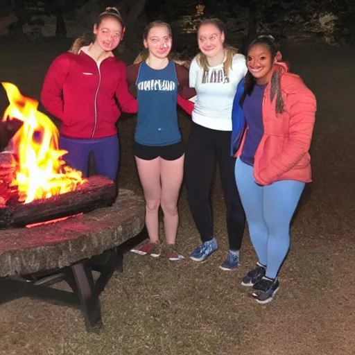 Image similar to college gymnasts at a campfire