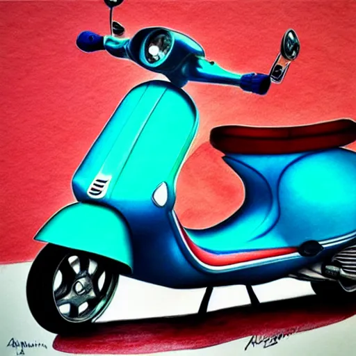 Image similar to hyper realistic pencil drawing of a turquoise vespa moped, water color, detailed, rim light, diffused, intricate, by anna dittmann,