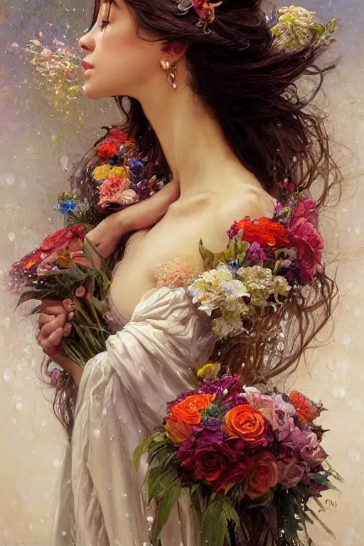 Image similar to portrait of a beautiful mysterious woman holding a bouquet of flowing flowers, wet dripping long hair, hands hidden under the bouquet, emerging from the water, fantasy, regal, intricate, by stanley artgerm lau, greg rutkowski, thomas kindkade, alphonse mucha, loish, norman rockwell