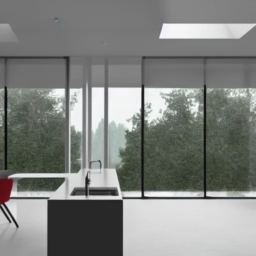 Prompt: brutalist open kitchen, big windows, showing trees landscape on background, minimalist architecture, minimalist furniture, octane render, high quality, 8 k, post production