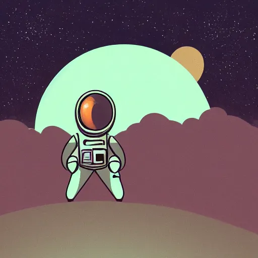 Image similar to a lonely astronaut sitting on vacant planet in the style of flooko, acrylic art, ambient lighting, neon, vector art, detailed, bleak, gloomy, dismal, sad, pale, tired, somber, art, moonlight,