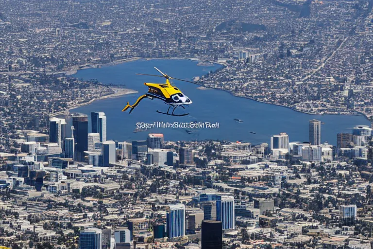 Image similar to A helicopter flying high over the city of Los Angeles, 4k, high quality, award winning photo, highly detailed