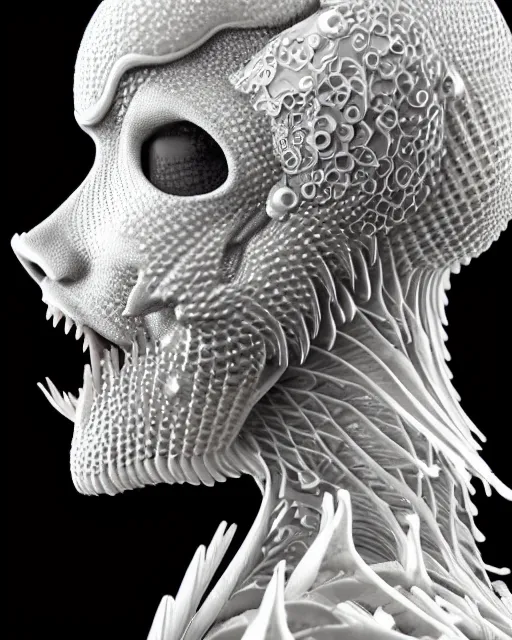 Prompt: bw close - up profile face, beautiful young porcelain intricate bio - mechanical ribs vegetal - dragon - cyborg - female, white metallic armour, white peacock feathers, roots, fine mandelbrot fractal lace, 1 5 0 mm, soft rim light, elegant, hyper real, ultra detailed, octane render, hg giger, 1 6 k