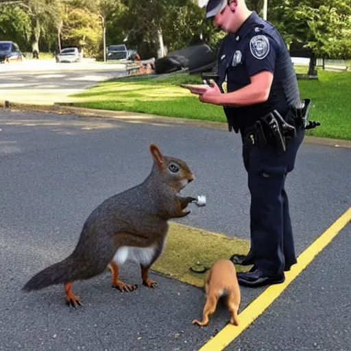 Image similar to a dog-cop ticketing a squirrel with a fine for speeding