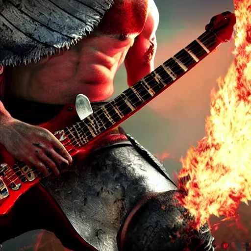 Image similar to kratos shredding on a flaming stratocaster guitar, cinematic render, god of war 2 0 1 8, santa monica studio official media, lightning, spartan rage, accurate head