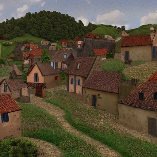 Prompt: digital art of a small village in medieval France in the style of Deiv Calviz, 4K