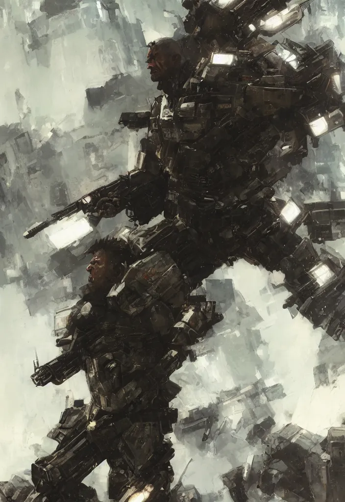 Prompt: dwayne the rock johnson wearing metal gear armor holding gun dramatic lighting art by brandon anschultz by yoji shinkawa by richard schmid by greg rutkowski by sandra chevrier by jeremy lipking cinematic dramatic brush strokes background