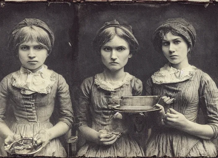 Image similar to old wetplate daguerreotype potato eaters by van gogh, fractal, intricate, elegant, highly detailed, parallax, leica, medium format, subsurface scattering, by jheronimus bosch and greg rutkowski and louis jacques mande daguerre