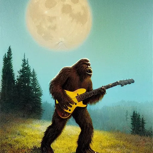 Image similar to UHD photorealistic Bigfoot playing electric guitar under a full moon, by Greg Rutkowski and Albert Bierstadt