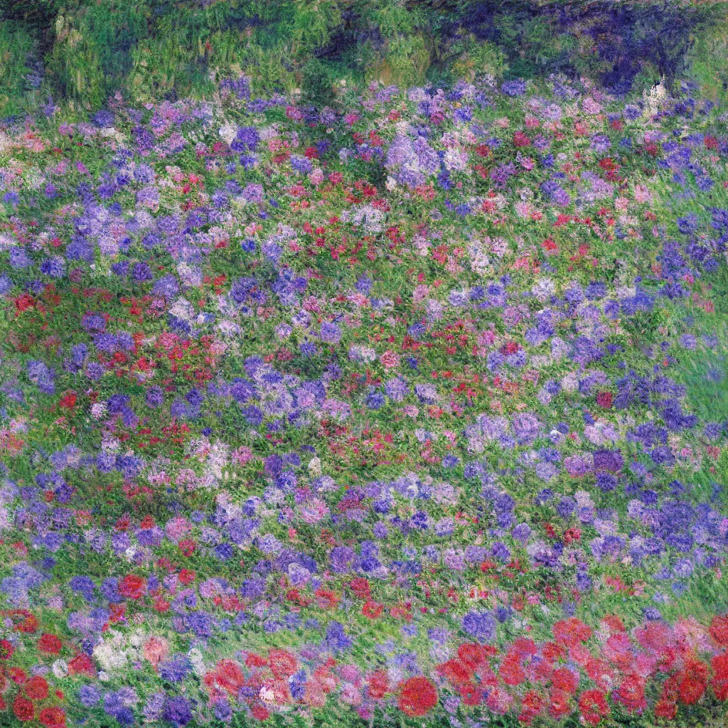 Image similar to a gorgeous garden on the edge of a cliff filled with beautiful flowers of blue and violet and pink from all around the world, monet