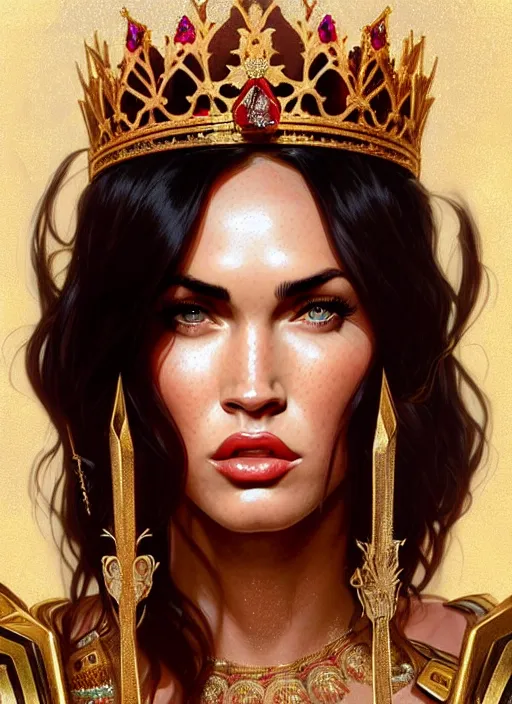 Image similar to portrait of megan fox as a queen, throne, jewelry, greek, ruby, intricate, headshot, highly detailed, digital painting, artstation, concept art, sharp focus, cinematic lighting, illustration, art by artgerm and greg rutkowski, alphonse mucha, cgsociety