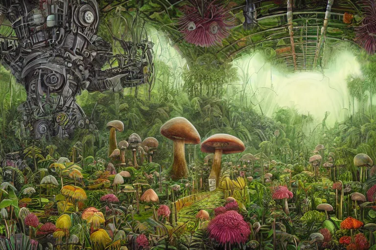 Prompt: surreal painting by ricardo bofill!!, a lot of jungle flowers and plants + poison toxic mushrooms surrounded by cables + long grass + broken droid + garden dwarf + mystic fog, 5 0's vintage sci - fi style, rule of third!!!!, line art, 8 k, super detailed, high quality