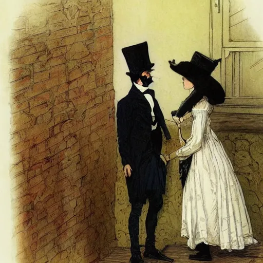 Prompt: a mummy in victorian clothes and a top hat has an intimate conversation with a woman in victorian clothes, graphic novel style by alan lee and john howe