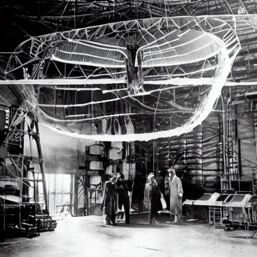 Prompt: scientists discovering an alien ufo in a warehouse, 1 9 2 0's sci - fi, black and white, 8 k, highly ornate intricate details, extreme detail,