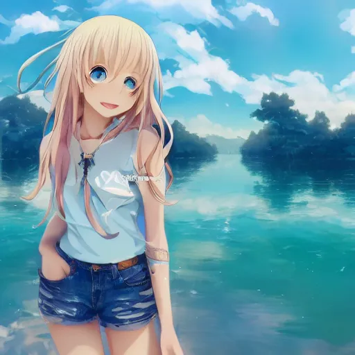 Image similar to a very beautiful anime girl, full body, long wavy blond hair, sky blue eyes, full round face, short smile, cute top, short jeans, summer lake setting, cinematic lightning, medium shot, mid-shot, highly detailed, trending on Artstation, Unreal Engine 4k, cinematic wallpaper by Stanley Artgerm Lau, WLOP, Rossdraws, James Jean, Andrei Riabovitchev, Marc Simonetti, and Sakimichan