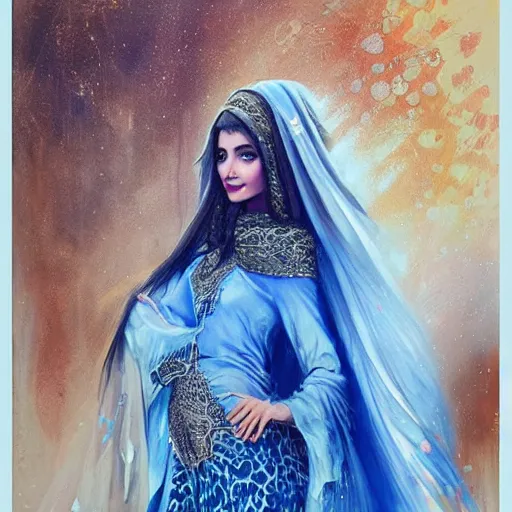 Image similar to a beautiful arabian woman wearing a wedding dress kaftan by karol bak, ayami kojima, artgerm, arabian beauty, blue eyes, smile, concept art, fantasy