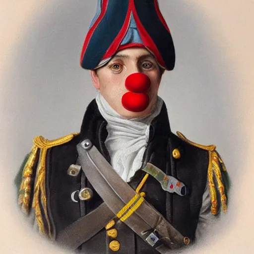 Prompt: a hyper realistic painting of an austrian soldier from 1 8 0 6 wearing a clown hat, ultra detail, realistic.