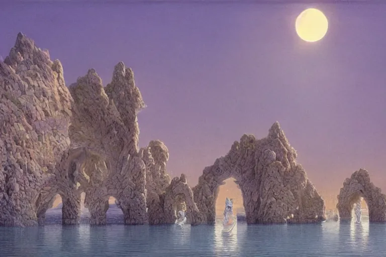 Prompt: an oriental palace made of immaculate white stones that emit light planted at the edge of a waterless ocean under a twilight light, blue sky without clouds, people angling at the edge, crystalline rock, pastel shades, style of michael whelan
