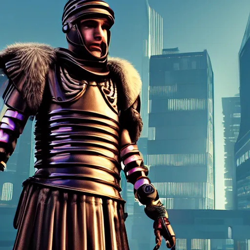 Image similar to cyberpunk roman centurion, 3d render unity, highly detailed, dynamic lighting