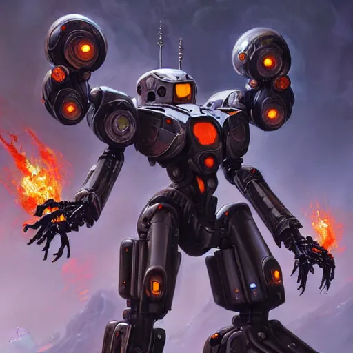 Image similar to beautiful oil painting with high detail of a mech spider robot from dungeons and dragons and art direction by James Cameron ;by artgerm; wayne reynolds art station; cinematic quality character action render; ultra high quality model; production quality cinema model; flaming plasma aesthetic