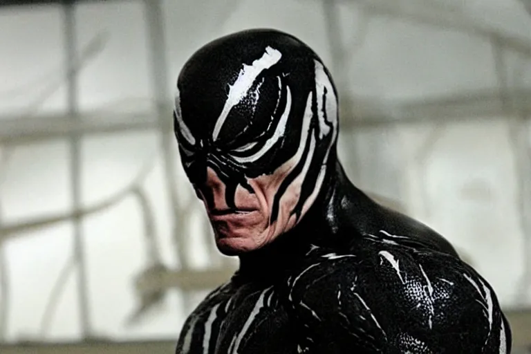 Image similar to film still of Thomas Haden Church as Eddie Brock wearing Venom costume without headpiece in Spider-man 3 2007, 4k