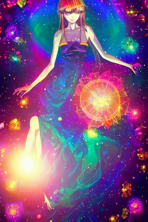 Prompt: psychedelic, whimsical, anime, 4k, beautiful intimate woman with professional makeup, long trippy hair, a crystal and flower dress, bathing in a reflective crystal lake, surrounded by gems, underneath the stars, rainbow fireflies, trending on patreon, deviantart, twitter, artstation, volumetric lighting, heavy contrast, art style of Ross Tran and Ilya Kuvshinov