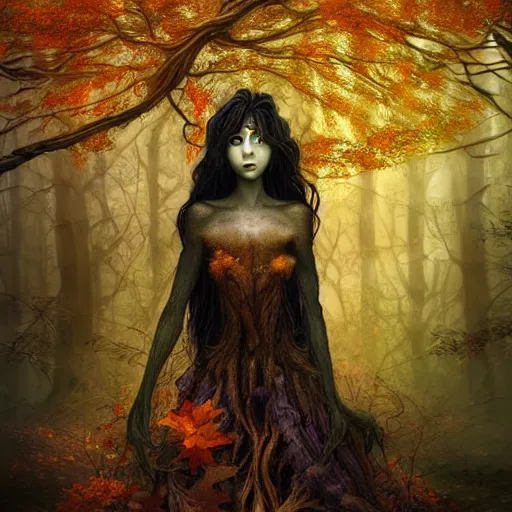 Prompt: portrait of a dryad in a shadowy forest of autumn maples by brian froud and jessica rossier dark mysterious -