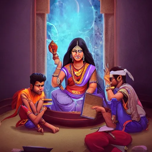 Prompt: an indian female and three indian male characters summoned from inside a book like genies, trending on artstation, detailed digital art