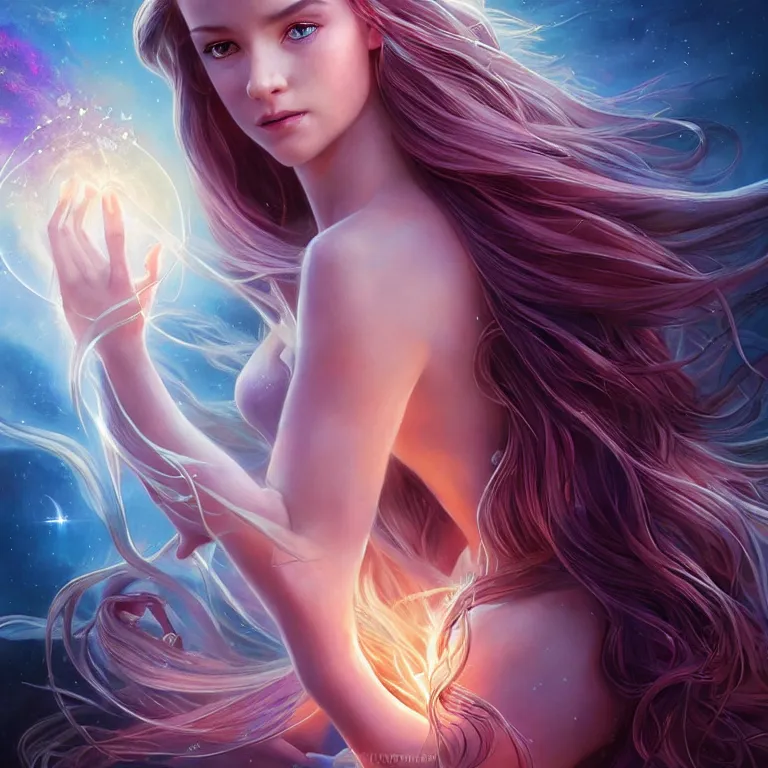 Image similar to beautiful cinematic fantasy poster, a long shot of a beautiful princess like a disney princess hybrid with flowing illuminated hair, beautiful glowing galaxy eyes, full subject in frame, wideshot ultrawide angle epic scale, hybrid from The Elden Ring and art direction by Darius Zawadzki ;by artgerm; wayne reynolds art station, coherent body and limbs; cinematic quality character render; low angle; ultra high quality model; production quality cinema model;