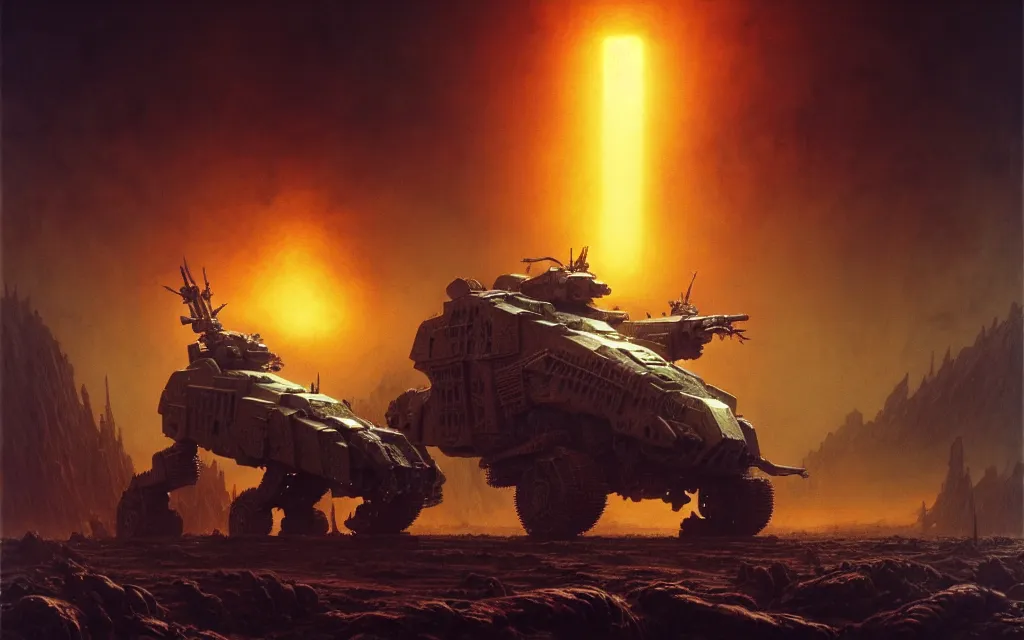 Image similar to a cinematic scene of a hulking armoured mech monster fighting in a hellish war by moebius and hr giger and beksinski, trending on artstation, digital art, 4 k resolution, detailed, high quality, sharp focus, hq artwork, insane detail, cinematic, volumetric lighting, dramatic lighting, epic light, cinematic aesthetic