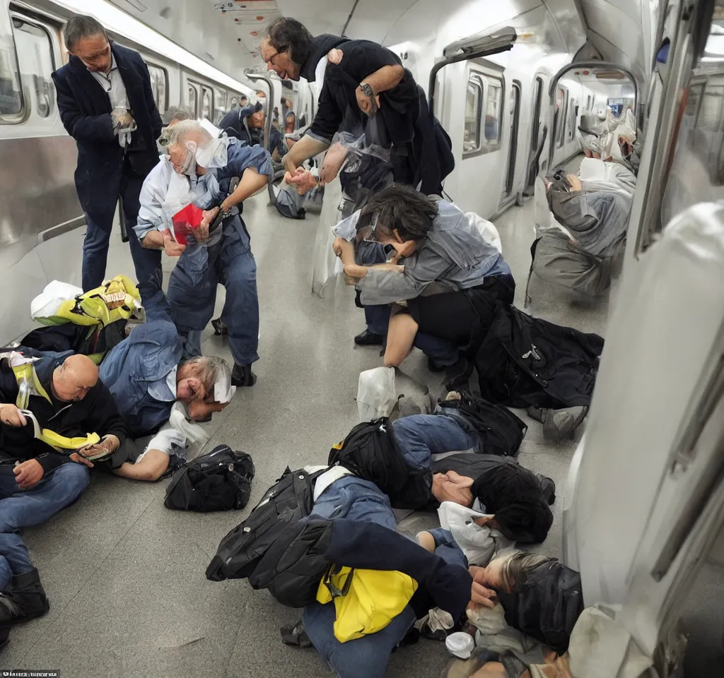 Prompt: this man was counting tablets, then he dropped them on the floor. he asked the woman next to him if the train floor had been poisoned. she didn't know, but told him that perhaps if the air had been poisoned that it didn't matter, but if the floor had been cleaned with water, then perhaps the water had been poisoned