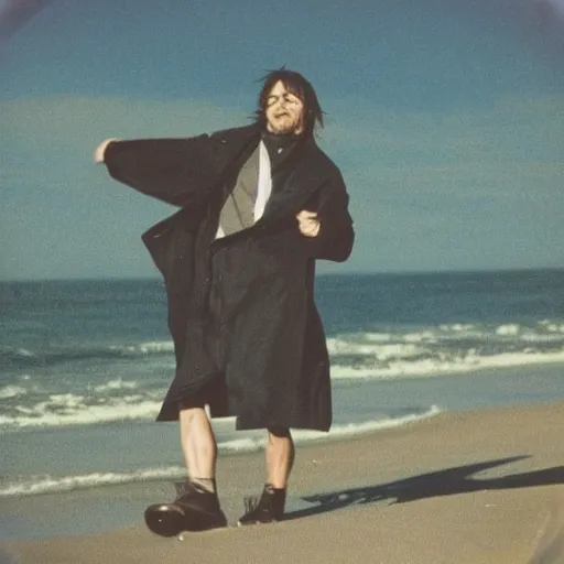 Image similar to 9 0 s polaroid photograph of norman reedus wearing a trenchcoat at night, dancing on a beach during cloudy weather, vignette