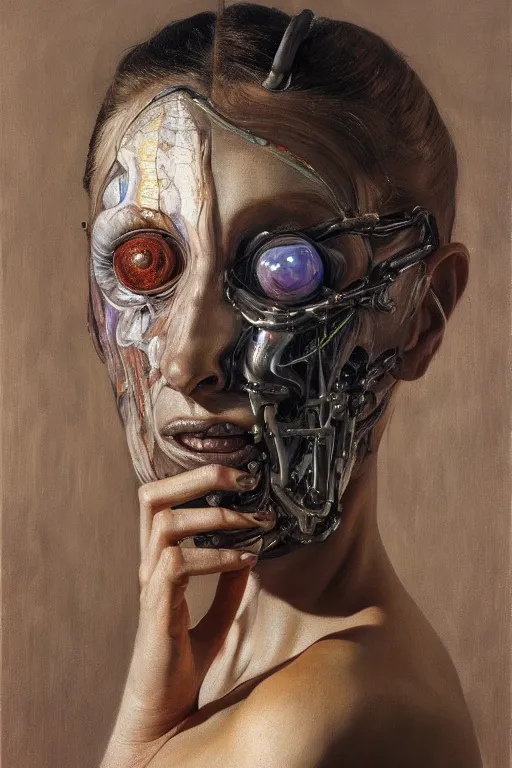 Prompt: beautiful oil painting portrait of biomechanical woman face connected to the machine by lucian freud, wayne barlowe, rembrandt, complex, stunning, realistic skin color, 4 k, high res, awardwinning, masterpiece, realistic lighting