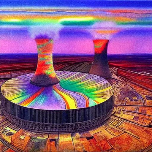 Image similar to A Masterpiece Landscape of a broken down nuclear power station, Nuclear blast imminent, nuclear reactor going critical. Rainbow Color Scheme